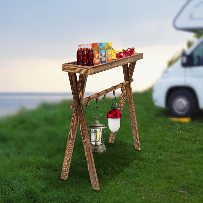 Portable Wooden Picnic Rack, with hanging hook, Lightweight Wood Outdoor Shelf Foldable Travel Camping Table Rack for Storage,Outdoor Kitchen,RV Picnic,BBQ,Home Storage
