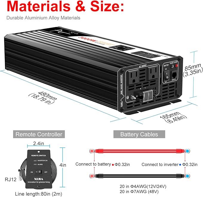 Xijia 3000W Pure Sine Wave Inverter 24V DC to 120V AC Converter for Home, RV, Truck, Off-Grid Solar Power 110V with Smart Bluetooth App Remote Control