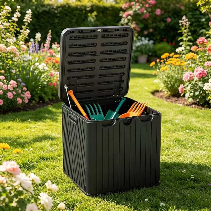 110 Gallon Outdoor Storage Deck Box, Resin Deck Boxes with Handle, Waterproof & Lockable for Patio Furniture, Home Storage, Garden & Pool Tools -Swimming Pool, Black