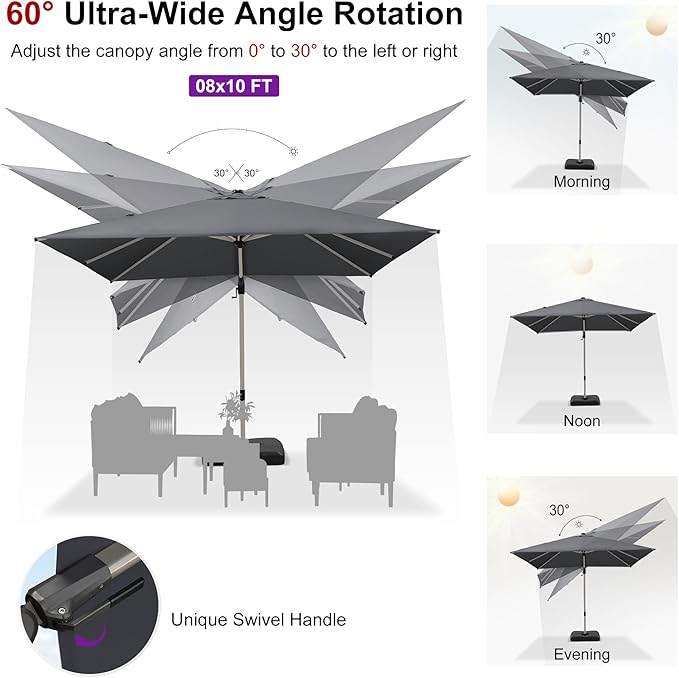 PURPLE LEAF 8' X 10' Left-right Tilting Patio Umbrella with Base Outdoor Swivel Cantilever Offset Aluminum Umbrella with Champagne Frame and 360-degree Rotation for Garden Deck Pool, Grey