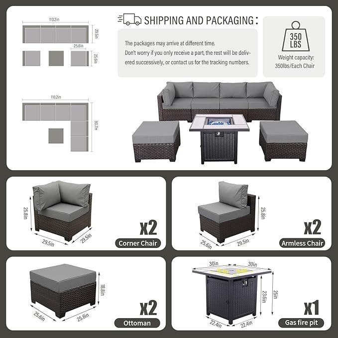 WAROOM Outdoor Patio Furniture Set 7 Pieces Wicker Sectional Sofa Brown Rattan Conversation Couch with Square Gas Fire Pit Table, Anti-Slip Thick Grey Cushion