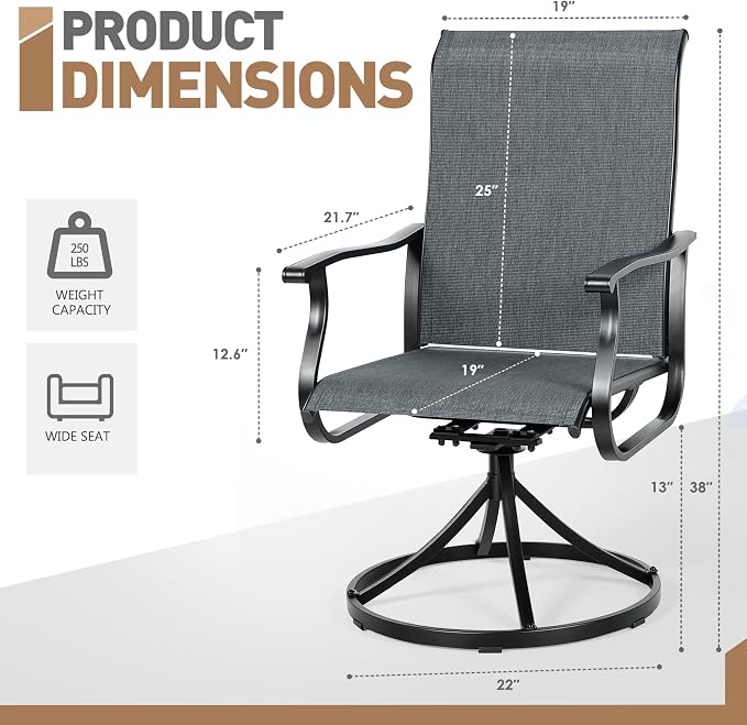 SUNCROWN Patio Swivel Rocker Dining Chairs Set of 2, All Weather High Back Textilene Outdoor Chairs with Sturdy Metal Frame, Swivel Rocking Patio Chairs for Backyard Lawn Garden Porch Deck, Dark Grey