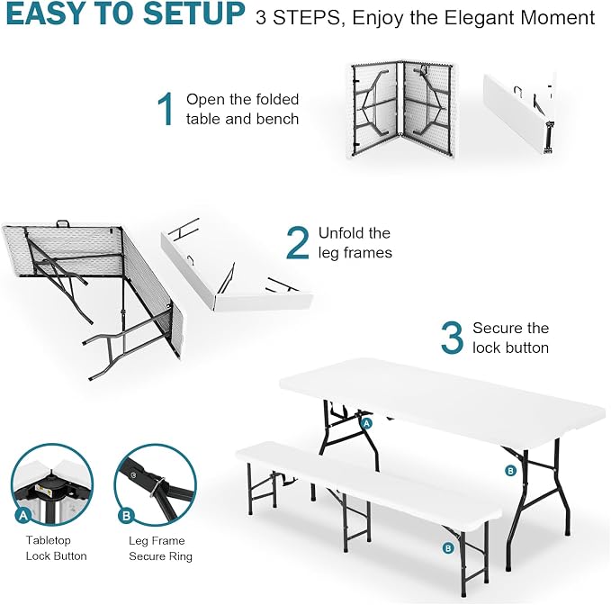 6ft Folding Table and Benches, Outdoor Folding Benches Set of 2, Foldable Table with Handle, Tables and Benches for Parties, Picnic, Event, Indoor Outdoor Activities, at Home and Commercial Use, White