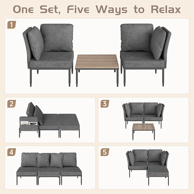 5 in 1 Modular Patio Furniture Set, 3 Piece Aluminum Convertible Outdoor Sectional to Loveseat, Tanning Chair, All-Weather Seating for Balcony, Apartment, Gray
