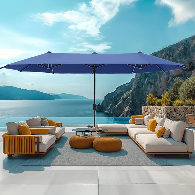 MFSTUDIO 13ft Outdoor Patio Umbrella, Double Sided Large Rectangular Umbrella Market Table Twin Triple Rectangle Umbrellas with Crank Handle for Outside Picnic Backyard Deck Pool (no base)
