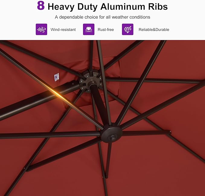 PURPLE LEAF 10' X 10' Patio Cantilever Umbrella with Base Included Antique Bronze Square Outdoor Umbrella with 360° Rotation and Aluminum Offset Hanging for Garden Backyard Pool, Brick Red