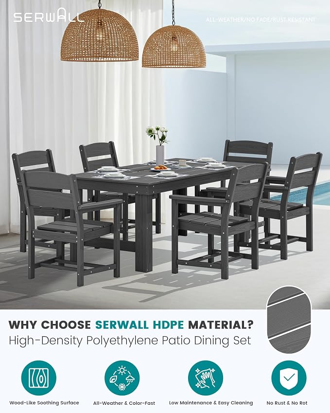 SERWALL HDPE Outdoor Dining Table and Chairs Set for 6 | with Oversized Chair Seat
