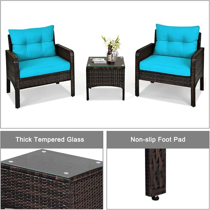 DORTALA Small Patio Furniture Set 3 Piece, Wicker Outdoor Table and Chairs Set with Cushions, All Weather Rattan Conversation Bistro Set for Balcony, Porch, Backyard, Deck, Turquoise