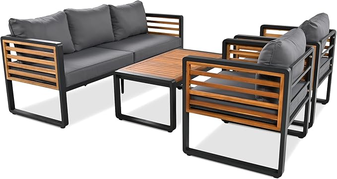 LUMISOL 4 Pieces Patio Furniture Set, Outdoor Sofa Set with Metal Frame and Removable Cushions, Patio Conversation Set for 5 Persons, Thick Cushions, Acacia Wood Tabletop, Grey