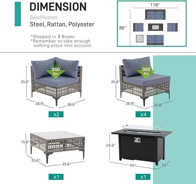 Patiorama 8 Piece Wicker Patio Furniture Set with 45” Fire Pit Table, Metal-Colored PE Rattan Outdoor Sectional Sofa, 50000 BTU Propane Fire Pit w/Wind Guard,Cover,Water Resistant Cushion-Denim Blue