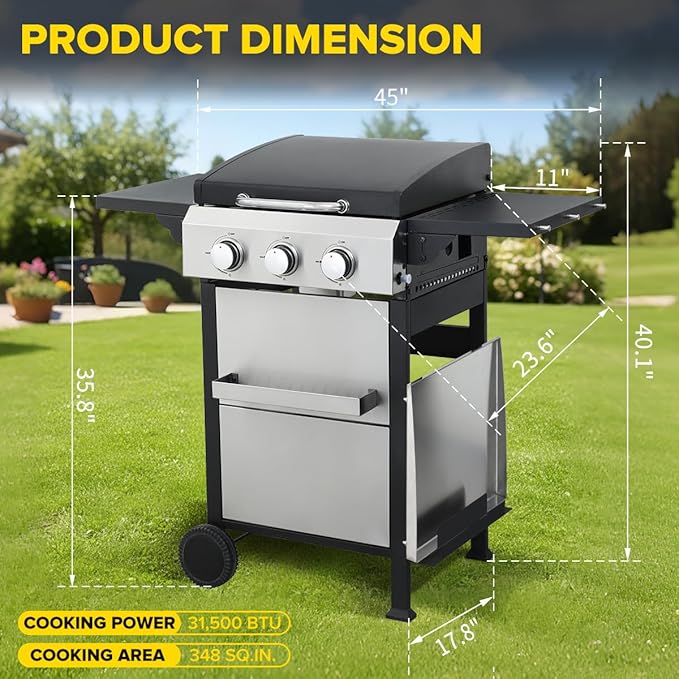 CIG GARDEN 3-Burner Propane Flat Top Grill, 31,500 BTU Stainless Steel Griddle for Outdoor BBQ - Patio, Backyard & Camping Gas Grill