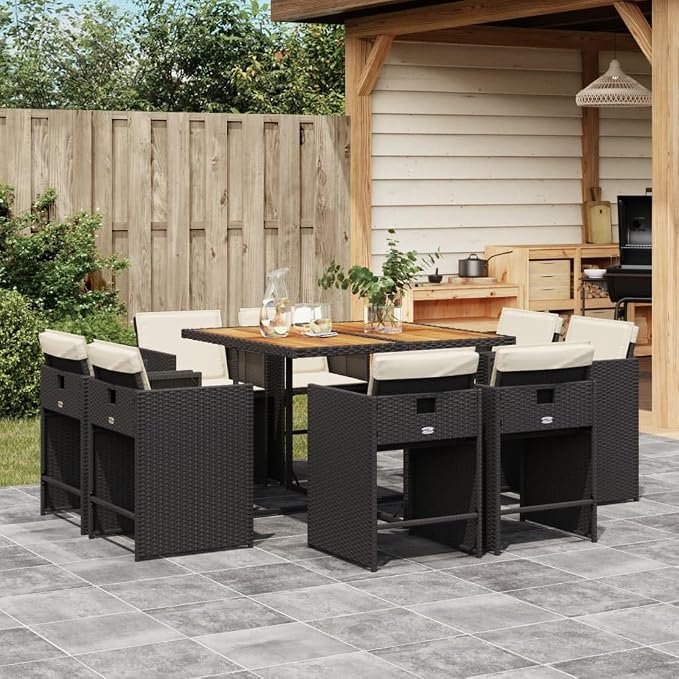 9 Piece Outdoor Patio Dining Set with Cushions Black Poly Rattan Folding Chairs for Garden Backyard Porch Acacia Wood Table UV-Proof Foldable 8 Seats