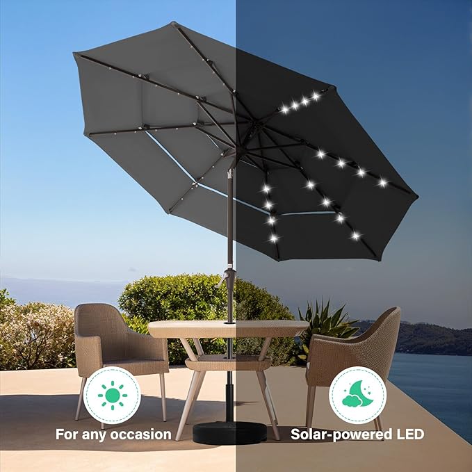 JEAREY 3 Tiers Patio Umbrella with Solar Lights 9ft Outdoor Market Table Umbrellas with Push Button Tilt for Outside Pool Garden, Gray