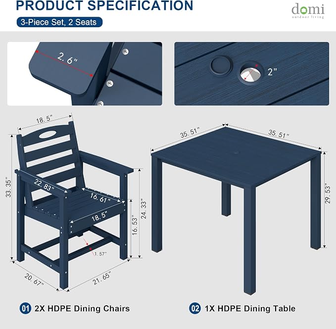 Domi HDPE Outdoor Dining Set, All-Weather Outdoor Dining Table Set of 3 with 2" Umbrella Hole, Outdoor Patio Dining Set for Garden, Poolside, Backyard, Deck, Blue