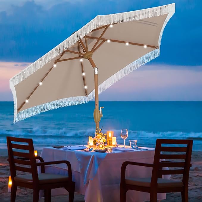 GDY 7.5 ft Fringe Patio Umbrella with 18 LED Solar Lights ，Stylish Fringe Decor for Graden, Pool, Beach, Deck, Khaki