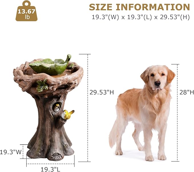 29.53" Tall Water Fountain Outdoor with Birds, Bird Bath Fountain with Removable Feeding Bowl Tree Trunk Design Resin Freestanding Water Fountains for Outside, Garden, Patio, Lawn, Yard