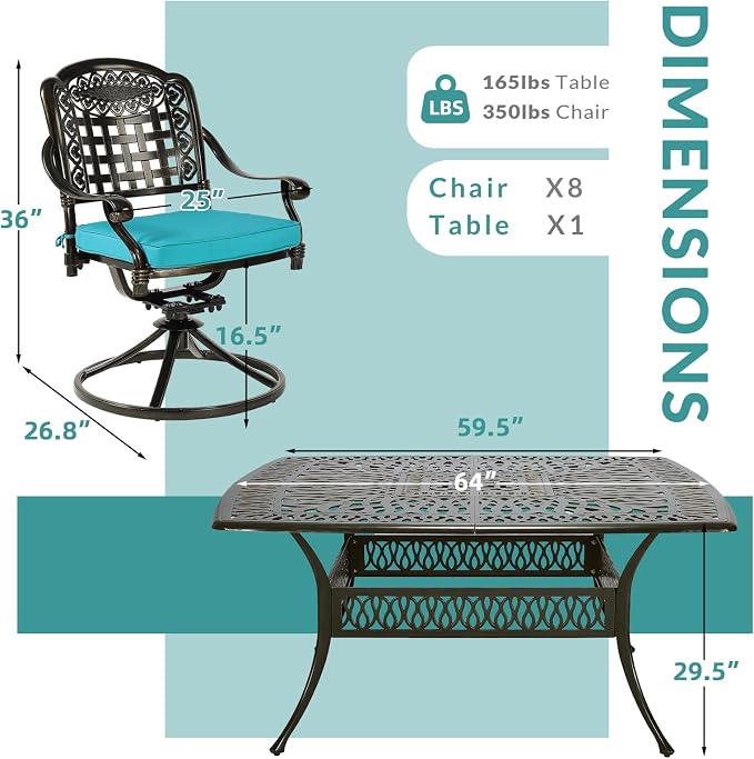 MEETWARM 9-Piece Outdoor Patio Dining Set, All Weather Cast Aluminum Patio Funiture Table and Chairs Set- Large 64" Square Table, 8 Cushioned Swivel Rocker Chairs for Garden, Umbrella Hole, Ocean Blue