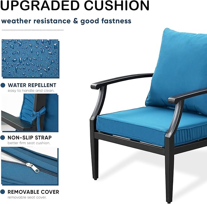 4 Piece Outdoor Patio Furniture Set, Oversized Metal Conversation Set with High Back & Deep Seating, Water-Repellent Cushions, Coffee Table for Porch, Deck, Backyard, Peacock