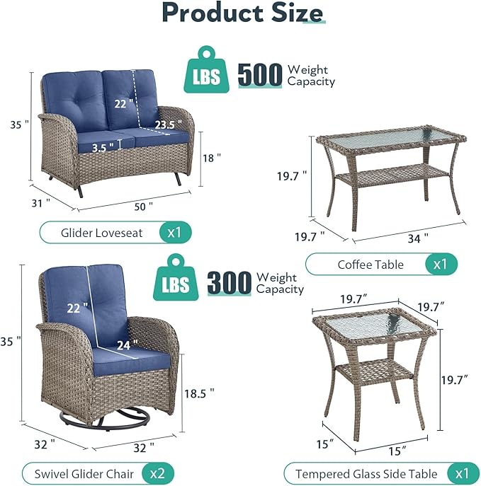 5 Piece Patio Furniture Set - Wicker Patio Conversation Set with Swivel Glider, Glider Loveseat, Tempered Glass Side Table and Coffee Table for Deck Backyard - Grey Wicker Blue Cushion