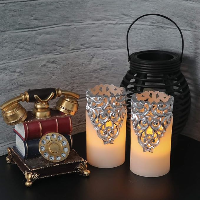 Eldnacele Flameless Christmas Silver Candles with 5H Timer, Flickering Real Wax Battery Operated Pillar Candles for Christmas Party Decoration Silver (D3 x H6)