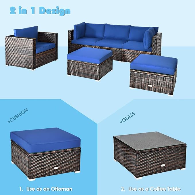 HAPPYGRILL 6-Pieces Patio Conversation Set Outdoor Rattan Wicker Furniture Set, Sectional Sofa Set with Glass Coffee Table Top, Ottoman, Cushions for Backyard Couch Garden Poolside Balcony