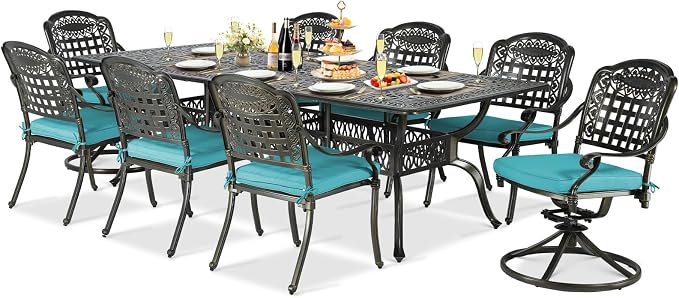 9-Piece Patio Cast Aluminum Dining Set, Outdoor Table and Chairs Set for 8, Includes 94.5" Rectangular Dining Table, 6 Stationary, 2 Swivel Dining Chairs with Umbrella Hole, Ocean Blue