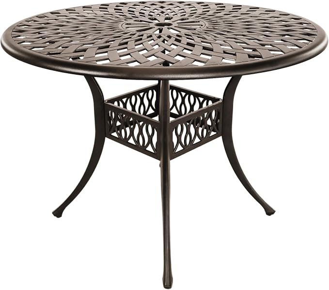 Outdoor Round Cast Aluminum Patio Dining Table with Umbrella Hole, 42" Outdoor Table Metal Frame for Backyard Lawn Balcony Deck, Bronze (42" Round Table)