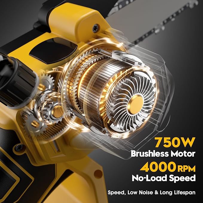 Mini Chainsaw Cordless for Dewalt 20V MAX Battery,8-Inch and 6-Inch 2-IN-1 Brushless Chainsaw with 750W Brushless Chain saw - 24.6FT/S Cutting, 4000RPM, for Wood Cutting(Battery Not Included) (Yellow)
