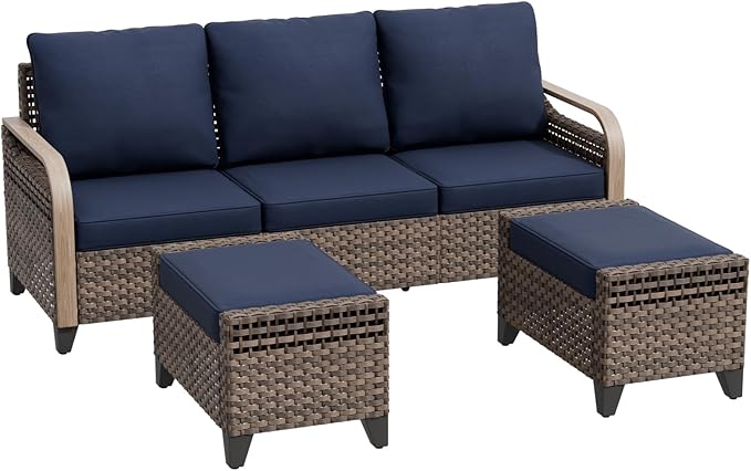 Modern Wicker Patio Furniture Set, Rattan Outdoor Conversation Set with Comfortable Cushions, 3 Seat Couch and 2 Ottomans, 3 Pieces, Brown/Blue
