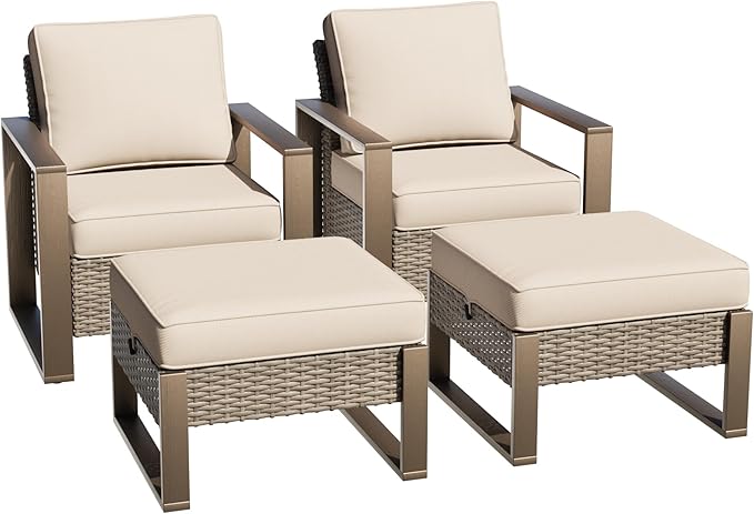 Outdoor Wicker Metal Chairs Set of 2 with Two Ottomans - 4 Pieces Patio Bistro Set with Rectangular Framed Wood-Looking Metal Armrest & Removable Cushions for Poolside, Terrace, Beige
