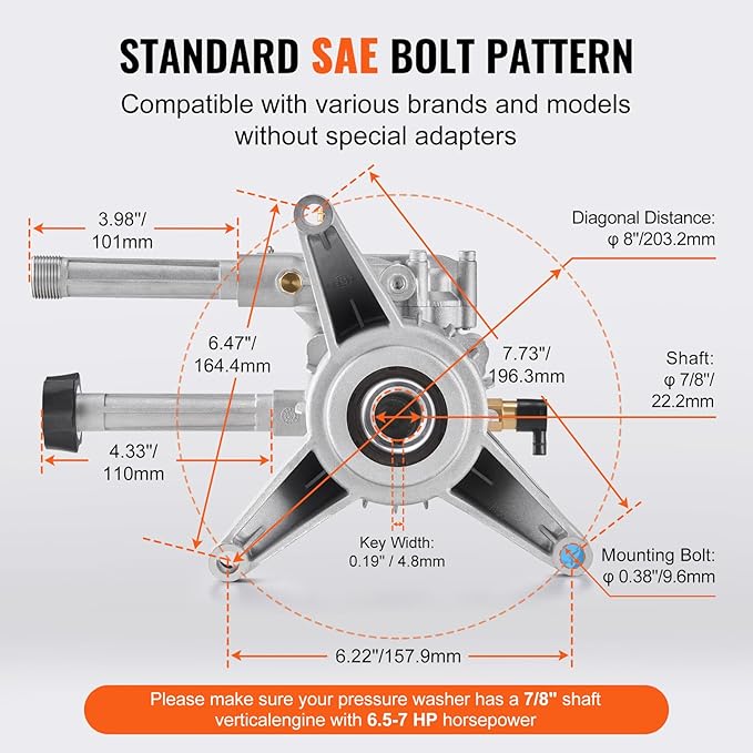 VEVOR Pressure Washer Pump, 7/8" Shaft Vertical, 3100 PSI, 2.5GPM, Replacement Power Washer Pumps Kit with 5 Nozzles, Compatible with Briggs & Stratton, Generac, Devilbiss, Troy Bilt, Honda, Craftsman