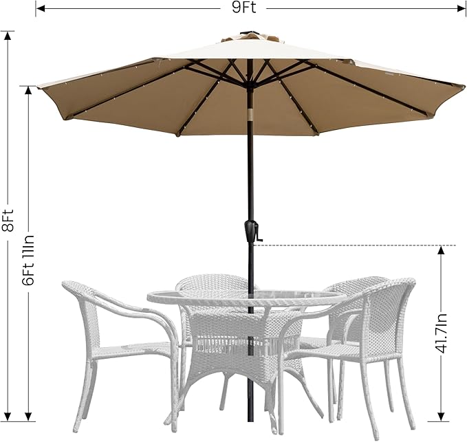 9' Round Patio Umbrella with 32 Solar Powered LED Lights, Push-Button Tilt and Hand Crank Lift, Solar Umbrella in Taupe for Porch, Deck, and Patio by Sun-Ray