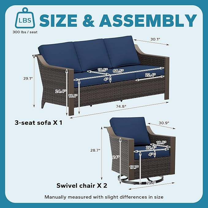 3 Pieces Outdoor Patio Conversation Furniture Set - 75" 3-Seat Sofa | 2 Swivel Glider Rocker Chairs | Wicker End Table, Rattan Couch, Metal armrests, Deck (Navy Blue)