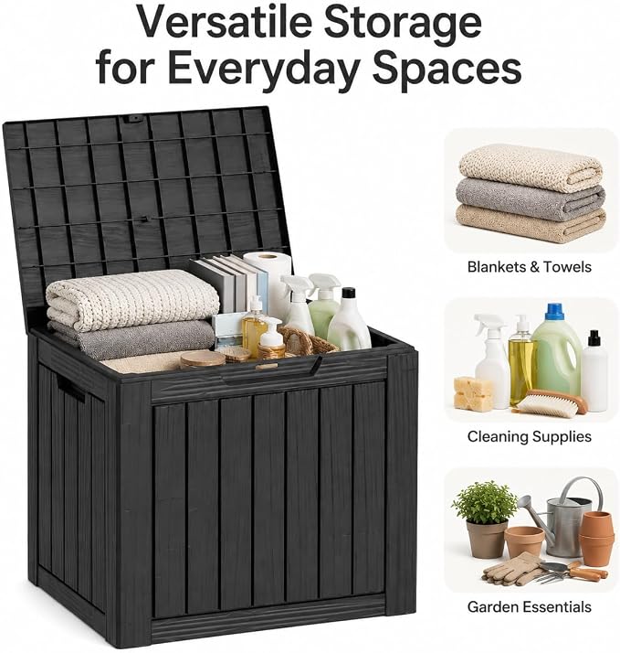 Outdoor Deck Patio Storage Box - 35 Gallon Small Outdoor Deck Box, Plastic Storage Bin with Lid, Outside Toy Box & Pool Storage Container for Cushions, Garden Tools, Towel, Lockable Chest, Black