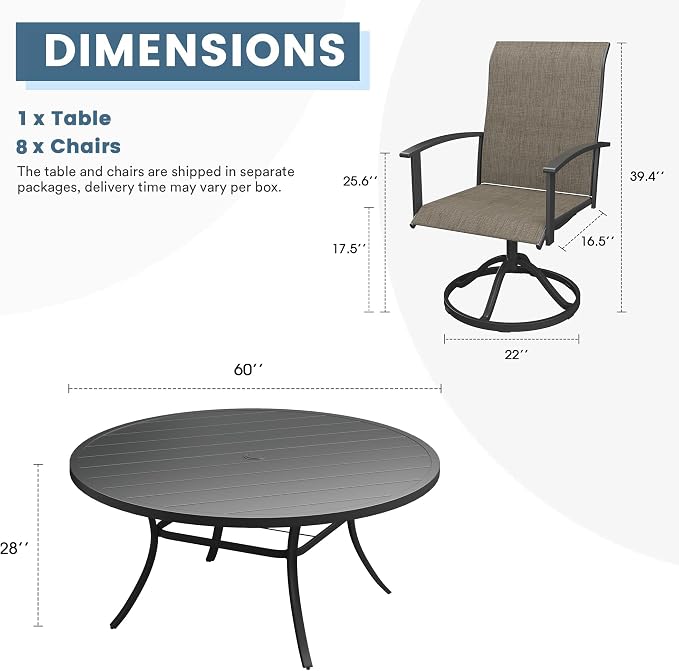DIFY 9 Pieces Outdoor Dining Set for 8, 60" Black Round Metal Table with Umbrella Hole and Brown Textilene Swivel Patio Chairs, Patio Table and Chairs Set for Garden, Backyard, Poolside