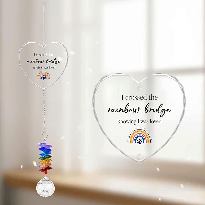 Pet Memorial Suncatcher I Crossed the Rainbow Bridge - Dog Memorial Gifts - Pet Loss - Thoughtful Dogs and Cats Remembrance - Pet Sympathy - Crystal Bereavement Gift