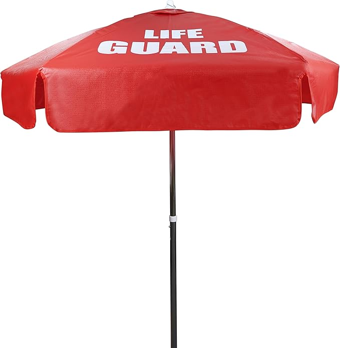 Kemp USA Heavy Duty Vinyl Lifeguard Umbrella - Great for Patio, Beach & Pool Umbrella with 45° Tilt Mechanism - Portable for Lifeguard Chair - with LIFE GUARD Logo