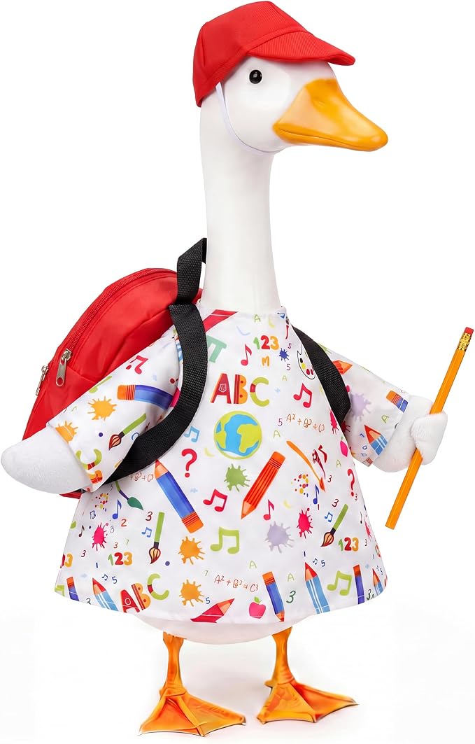Back to School Porch Goose Outfits, First Day of School Lawn Goose Outfit Set with Dress Hat Schoolbag Pencil Goose Costume for School Classroom Outdoor Porch Garden Patio Yard Lawn Decor