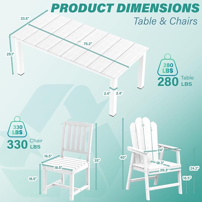 9 Piece Outdoor Table and Chairs Set, HDPE Dining Furniture, White | 75.2” table,8 seat outdoor dining table set, mixed chair HDPE and ALU, moisture and UV, low maintenance outdoor furniture