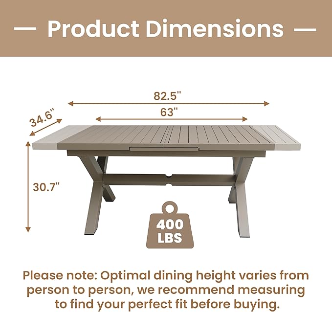 Extendable Patio Dining Table for 6-8, 63''-83'' Outdoor Aluminum Table w/Umbrella Hole, Rectangle Slatted Tabletop, Metal X-Trestle for Meals Garden Deck Backyard Gathering Party - Light Brown