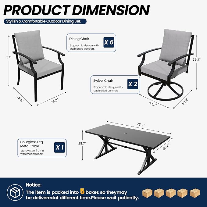 Kullavik 9 Pieces Outdoor Dining Set,Patio Dining Table and Chairs Set for 8,Fence Pattern Back Chairs with Thickened Cushions & X-Frame Metal Dining Table with Umbrella Hole for Patio,Grey