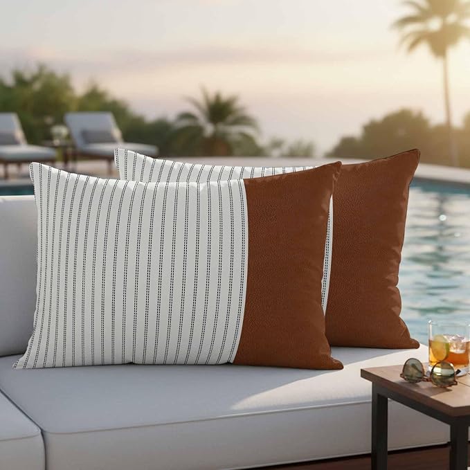 Boho Brown Leather Texture Outdoor Pillow Covers 20x12 Inch Lumbar Pillow Covers Set of 2 Waterproof Decorative Throw Pillow Cases Modern Black Striped Cushion Covers for Patio Furniture Garden Couch