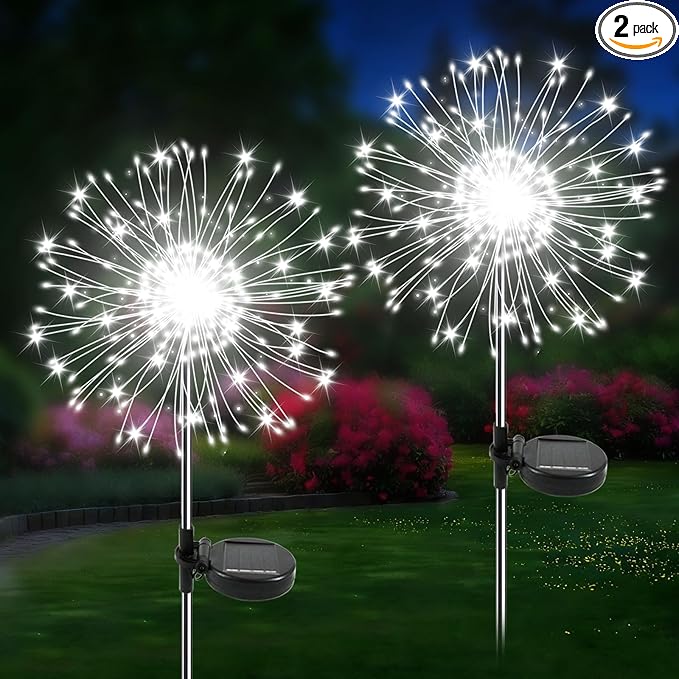 Solar Garden Lights Outdoor, 2 Pack 120 LED Twinkling Firework Lights Decorative with 2 Modes, Outdoor Waterproof Solar Starburst Light for Yard Pathway Planter Patio Decor, White