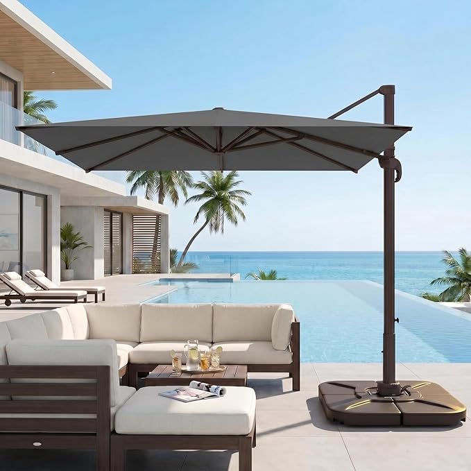 Kingdura 8' X 8' Cantilever Patio Umbrella with Base Included, Large Square Outdoor Offset Umbrella with 360-degree Rotation, 4 Position Tilt, UV Protection for Pool Deck Garden Patio (Grey)
