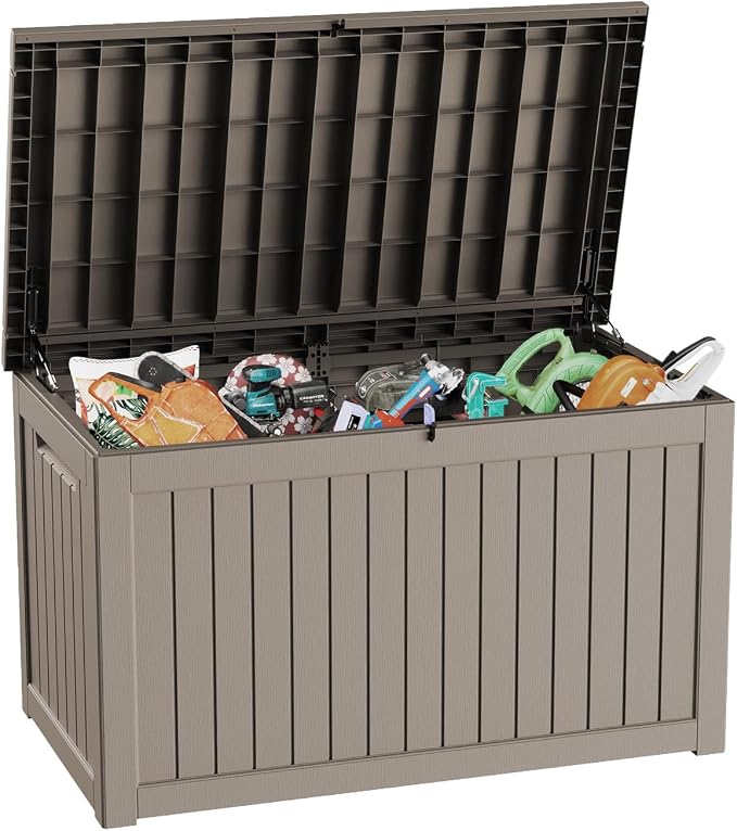 AmaVins Outdoor Storage Box, 230 Gallon Deck Box Indoor and Outdoor Use, Waterproof Resin Storage Bin for Package Delivery, Patio Cushions, Gardening Tools, Lockable, UV Resistant, Light Coffee