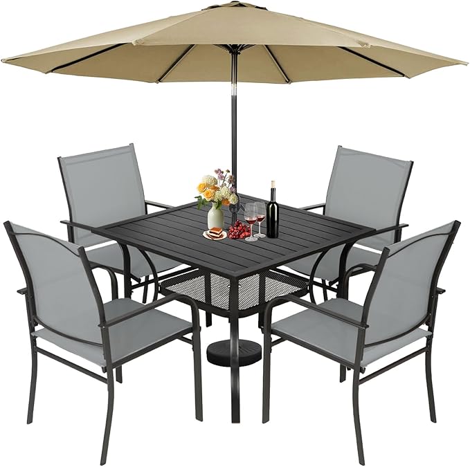 Incbruce 6 Pieces Patio Dining Set with Brown Umbrella, Outdoor Dining Set of 4 Textilene Chairs and Square Table with Umbrella Hole for Backyard, Garden, and Poolside (Grey)