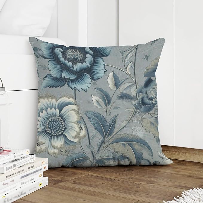 Throw Pillow Covers Spa On Flax Blue Chinoiserie Cushion Cases Retro Blue Grey Asian Flower Pillow Cover Accent Square Couch Sofa Cushion Covers for Patio Couch Sofa Office 20x20 in