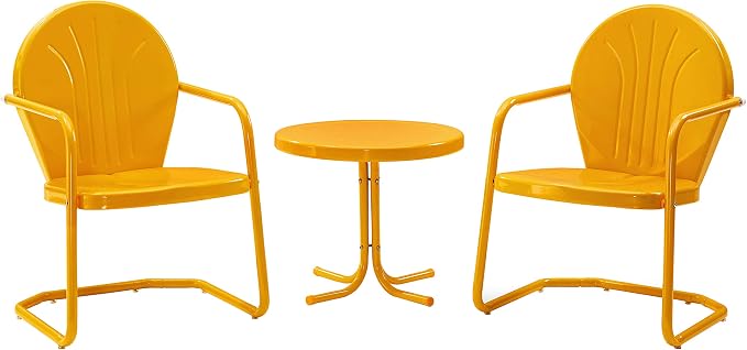Crosley Furniture Griffith 3-Piece Outdoor Chair and Side Table Set, Retro Metal Bistro Patio Sets for Porch, Tangerine
