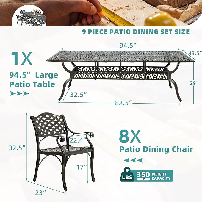 MEETWARM 9-Piece Outdoor Patio Dining Set for 8, All Weather Cast Aluminum Patio Funiture Table and Chairs Set- 94.5” Rectangular Table with 2" Umbrella Hole and 8 Chairs for Garden, Dark Bronze