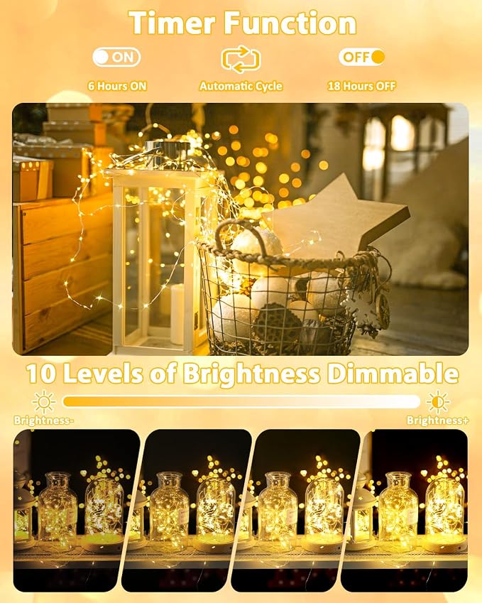 6 Pack 100 LED Fairy Lights Battery Operated with Remote, 33 FT Warm White | Cuttable, 8 Modes, Memory, Dimmable, Waterproof Battery String Lights with Timer for Indoor Outdoor, Christmas Decorations